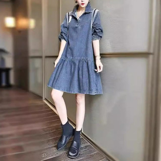 Đầm denim trẻ trung và thoải mái dành cho nữ, đầm dài tay thời trang cỡ lớn cho nữ mùa xuân/ thu mới.