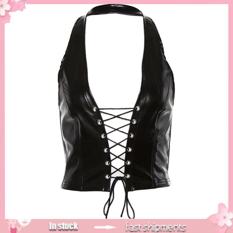 YOI Nữ Punk Không Tay Crop Dây Lưng Giả Da Phối Ren Rỗng Áo Vest