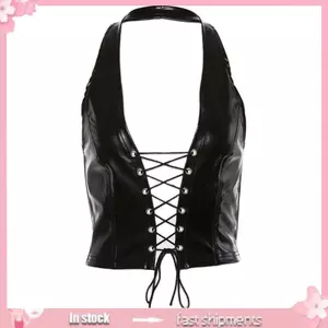 YOI Nữ Punk Không Tay Crop Dây Lưng Giả Da Phối Ren Rỗng Áo Vest