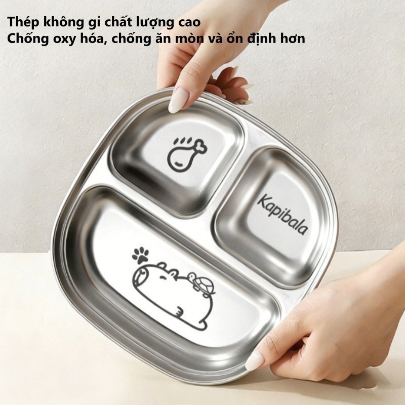 Khay cơm inox 3 ngăn thép không gỉ cho trẻ họa tiết chuột lang dễ vệ sinh nhỏ gọn an tâm tiện mang
