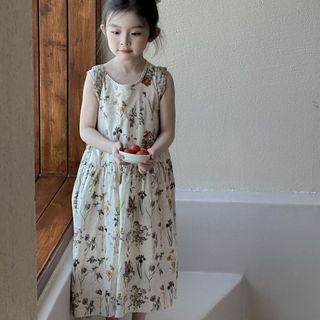 Váy liền cho bé gái họa tiết hoa nhí - váy maxi không tay phong cách vintage đi biển