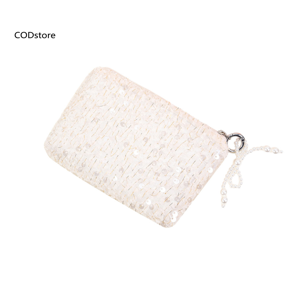 KDCOD * Túi đựng mỹ phẩm lót Polyester đính cườm sành điệu cho nữ, ly hợp lấp lánh, dây kéo, ngọc trai giả, di động du lịch, túi vệ sinh cho bé gái