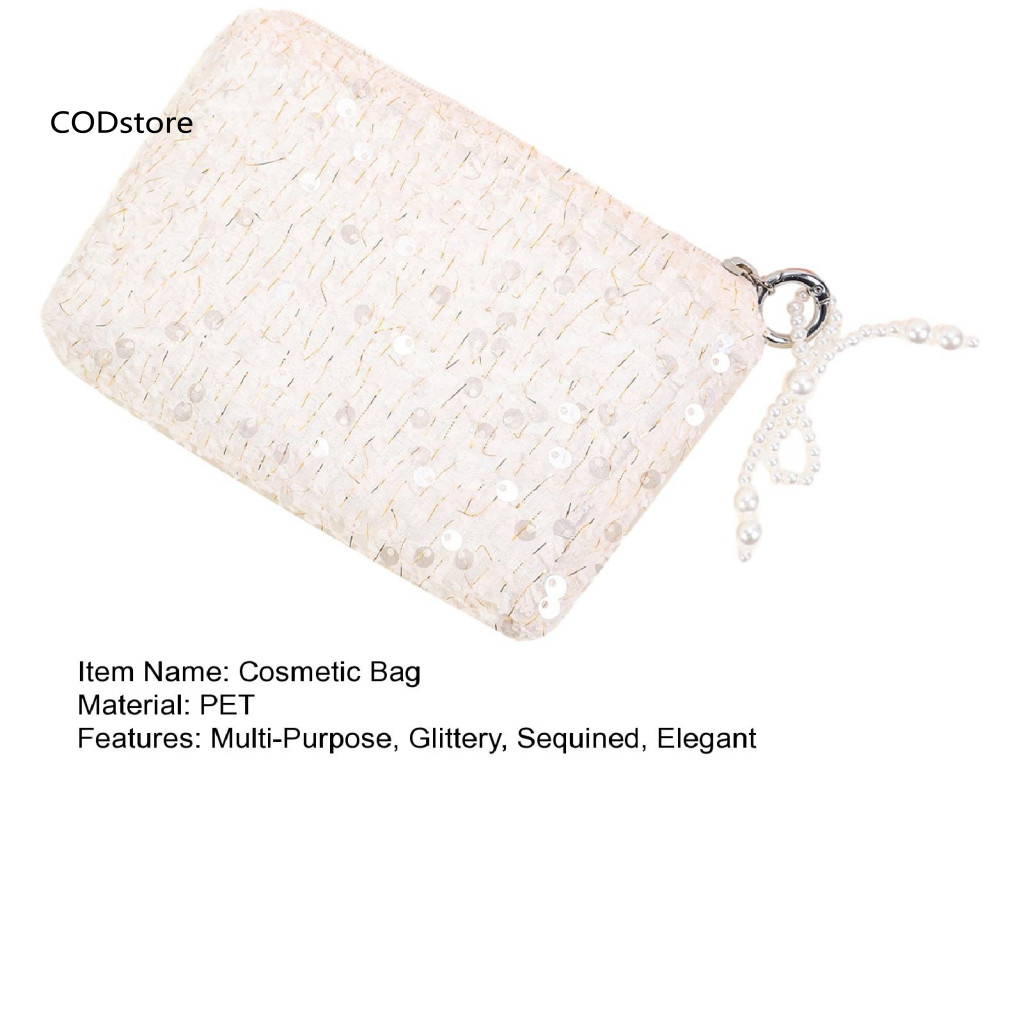 KDCOD * Túi đựng mỹ phẩm lót Polyester đính cườm sành điệu cho nữ, ly hợp lấp lánh, dây kéo, ngọc trai giả, di động du lịch, túi vệ sinh cho bé gái