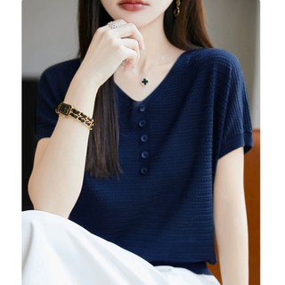 Áo len cổ chữ V tay ngắn nữ, phiên bản Hàn Quốc, phù hợp mùa hè