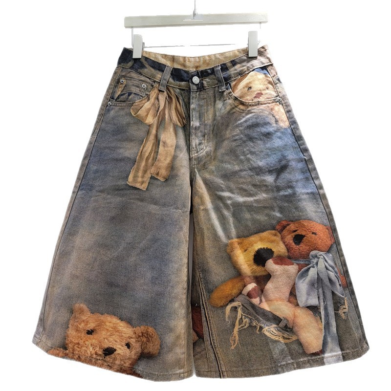 Quần Denim Nữ Họa Tiết Hoạt Hình, Ống Rộng Thoải Mái, Phù Hợp Mùa Hè 2026