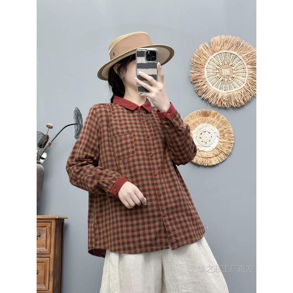 Áo sơ mi nữ mỏng kẻ sọc phong cách retro văn học, cotton, thích hợp mùa thu