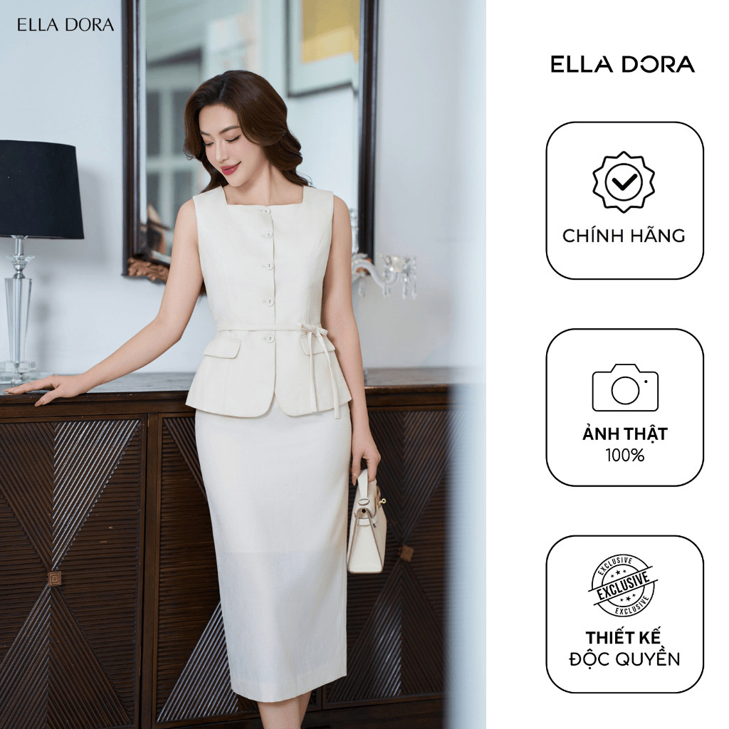 Set công sở nữ ELLA DORA áo cổ vuông phối nơ eo mix chân váy chữ A tôn dáng thanh lịch [AK15 +CV151]