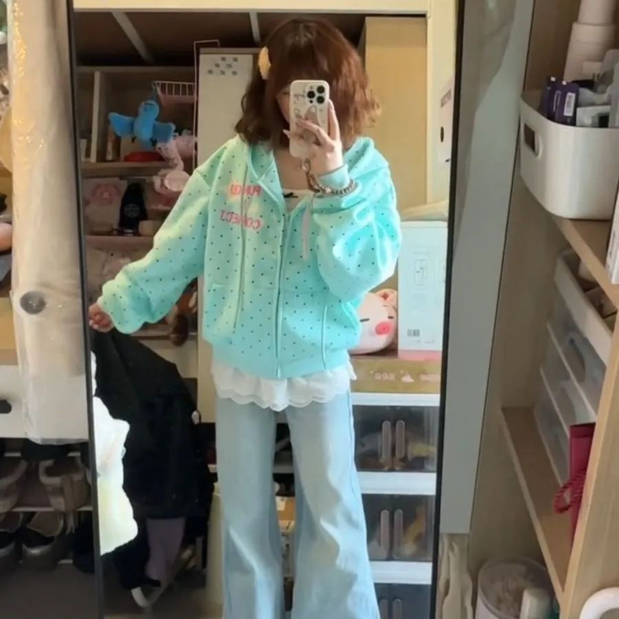 American Sweet áo len cardigan polka dot sao với chữ có mũ trùm đầu, phù hợp mùa xuân và thu