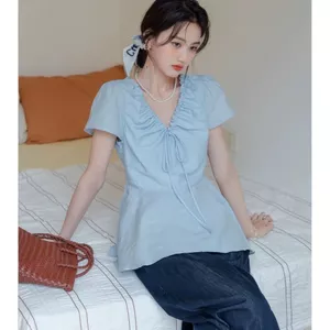 Áo sơ mi ngắn tay nữ cổ chữ V màu xanh đẹp