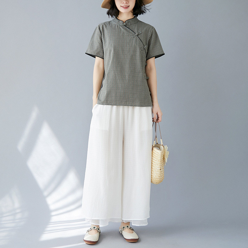 Mới Sườn Xám Trung Quốc Plus Kích Thước Cải Tiến Sườn Xám Retro Cotton Kẻ Sọc Khóa Tay Ngắn Đứng Cổ Áo Cải Tiến Quần Áo Nữ