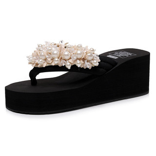 Mùa Hè Đi Biển Kỳ Nghỉ Nguyên Chất Handmade Dép Treo Hạt Gót Cao Flip-Flops Nữ Plus Size Flip-Flops O2NS