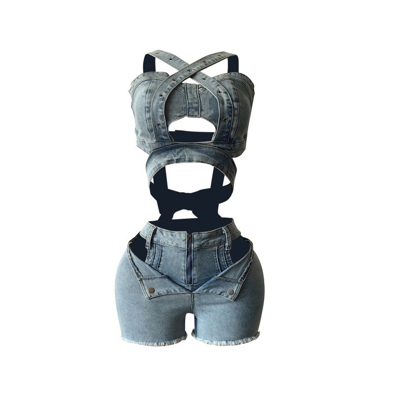Quần short Vest Denim mới Phù hợp với ống Top Quần short co giãn có dây