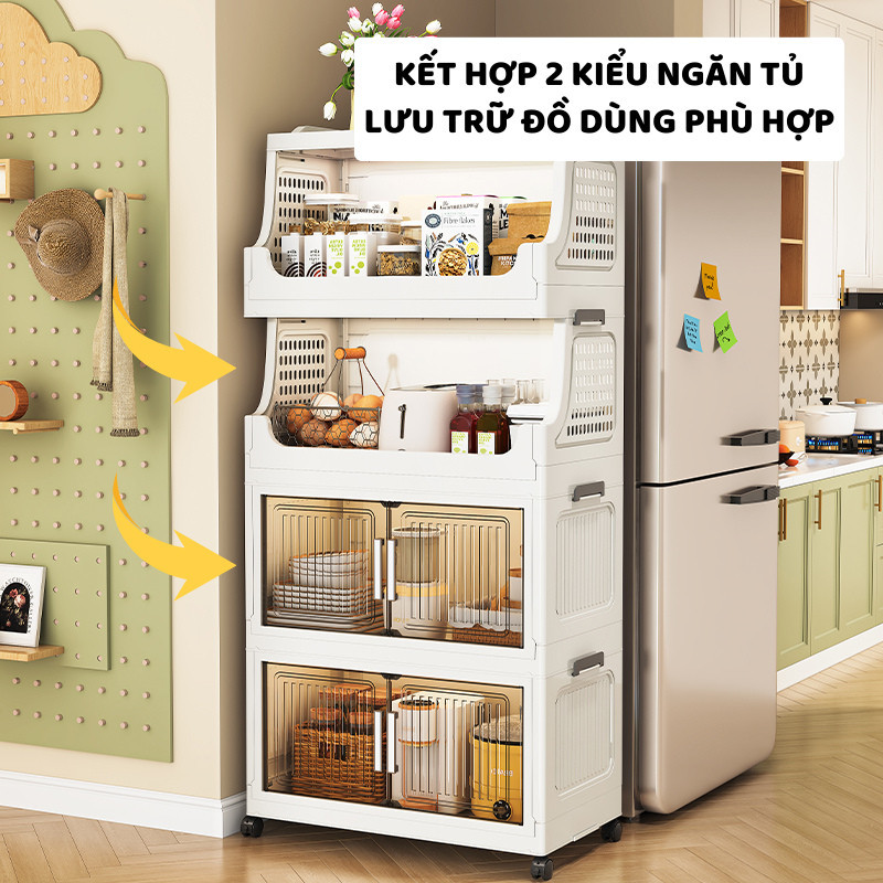 Tủ Nhựa Đựng Đồ Dùng Bếp ENODA HOME, Tủ Kệ Gấp Gọn Đựng Đồ Đa Năng Phòng Bếp Có Bánh Xe Di Chuyển Thuận Tiện TUN052