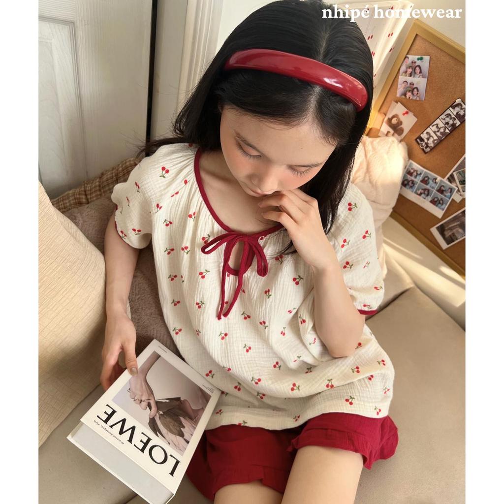 Bộ đồ ngủ tay ngắn quần đùi nhipé homewear nữ set đồ ngủ mặc nhà chất liệu xô muslin cao cấp mềm mịn mát họa tiết cheri