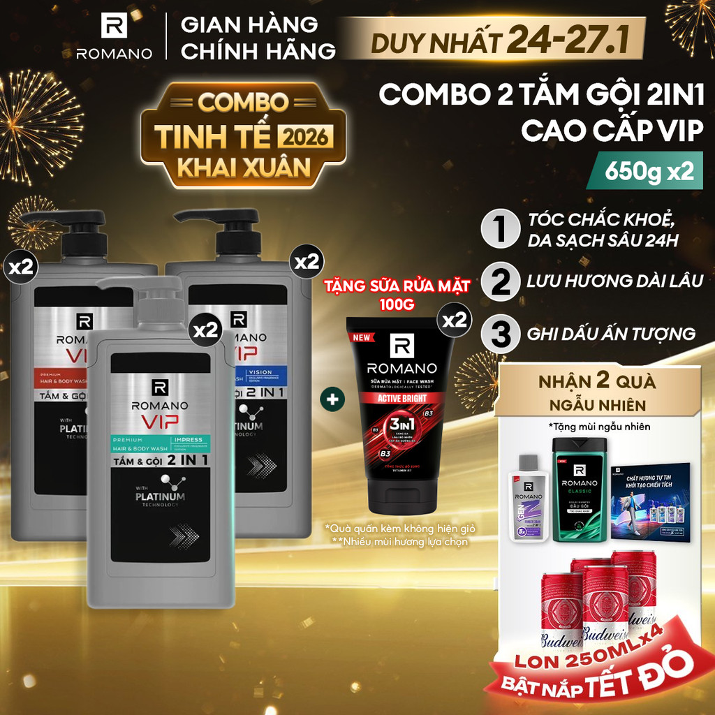 [Combo Tinh tế 2026] Combo 2 Tắm gội cho nam 2 trong 1 Romano 2in1 VIP ...