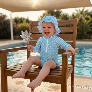 6M-4Y Tập Đi Bé Gái Rash Guard Đồ Bơi Dễ Thương Thời Trang Tay Dài Sọc Chấm Áo liền quần Có Mũ 2 Chiếc Đồ Bơi