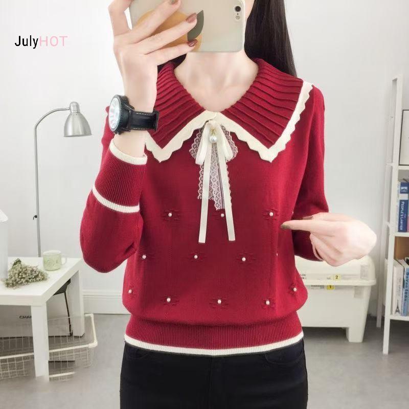 Áo len Hàn Quốc dành cho nữ với nơ ngọt ngào cổ búp bê và đính hạt