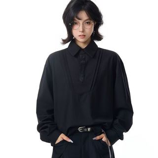 Áo sơ mi polo dài tay thêu, dáng rộng style cổ điển Hàn Quốc