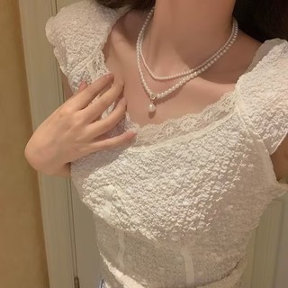 Vòng cổ ngắn chocker zircon và ngọc trai hai lớp, phong cách cổ điển sang trọng