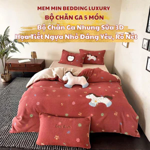 Set 5 món CHĂN GA NHUNG SỮA 3D NGỰA nhỏ Memmimbedding luxury phong cách ấm áp – dễ thương, hợp cả người lớn, bé