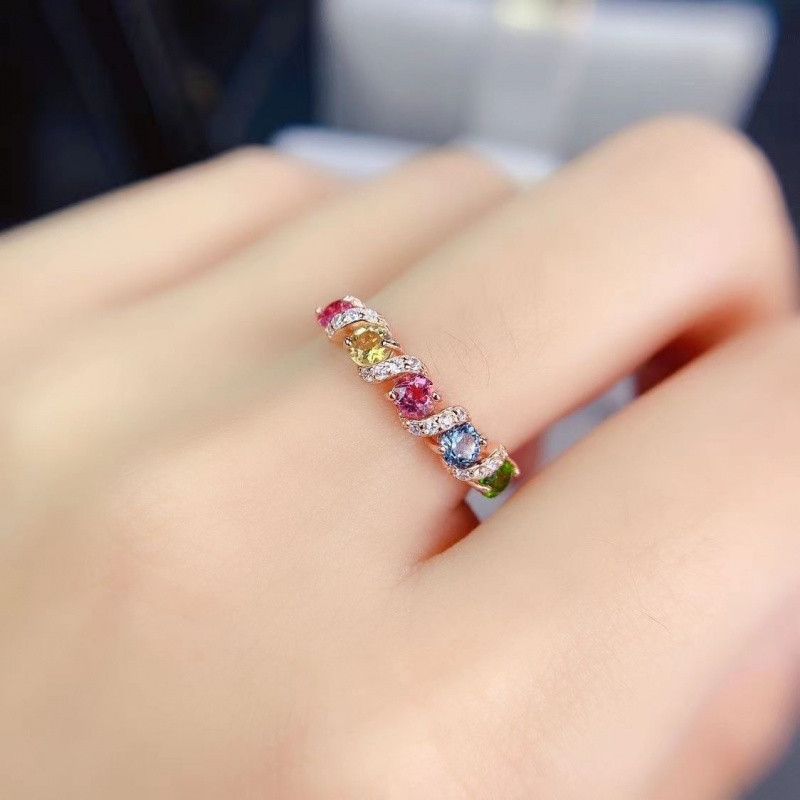 Nhẫn nữ tinh tế từ Jadeite tự nhiên, Onyx Inlay và Tourmaline Brazil