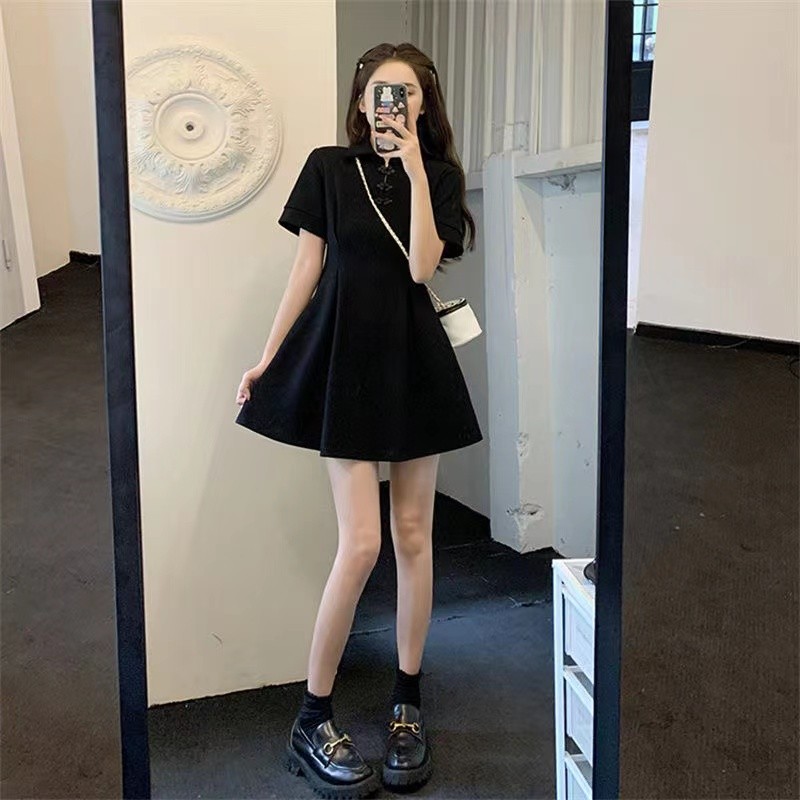 Đầm ngắn nữ cao cấp màu đen chất liệu sườn xám, phù hợp mặc mùa hè