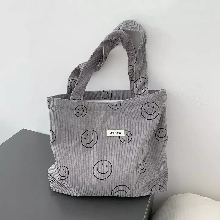 Túi tote vải nhung nụ cười Túi tote vải nhung Túi tote vải nhung Túi đựng đồ ăn trưa Túi đựng sức chứa lớn Túi vải dệt Túi vải Dây kéo Túi thông thường Túi vuôn – 4