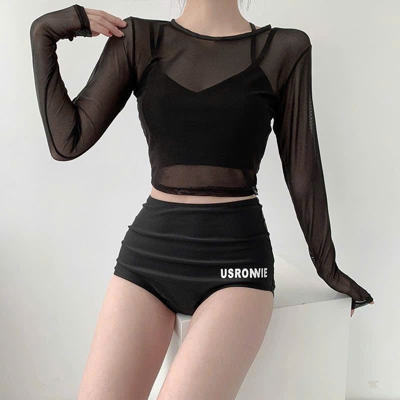 Set bộ đồ bơi 3 chi tiết đi biển đi bơi, bikini 2 dây phối áo lưới dài tay chống nắng gợi cảm XIMIMI BKN04