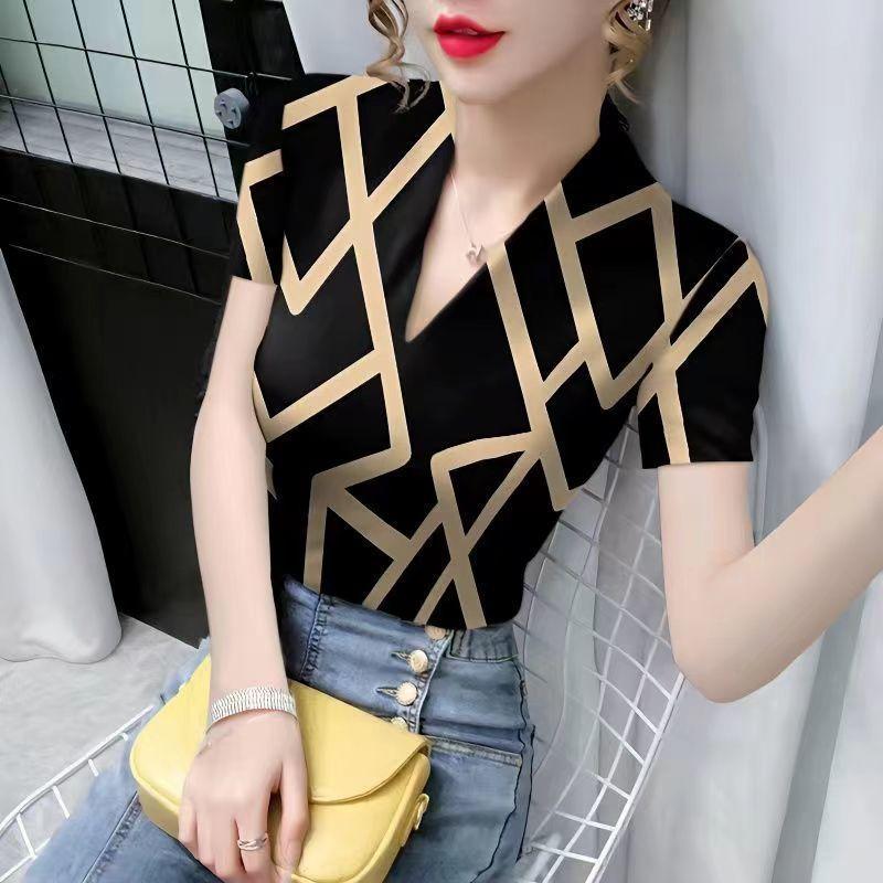 Áo thun nữ cổ chữ V slim-fit chất liệu lụa lạnh, phong cách phương Tây, xu hướng xuân hè