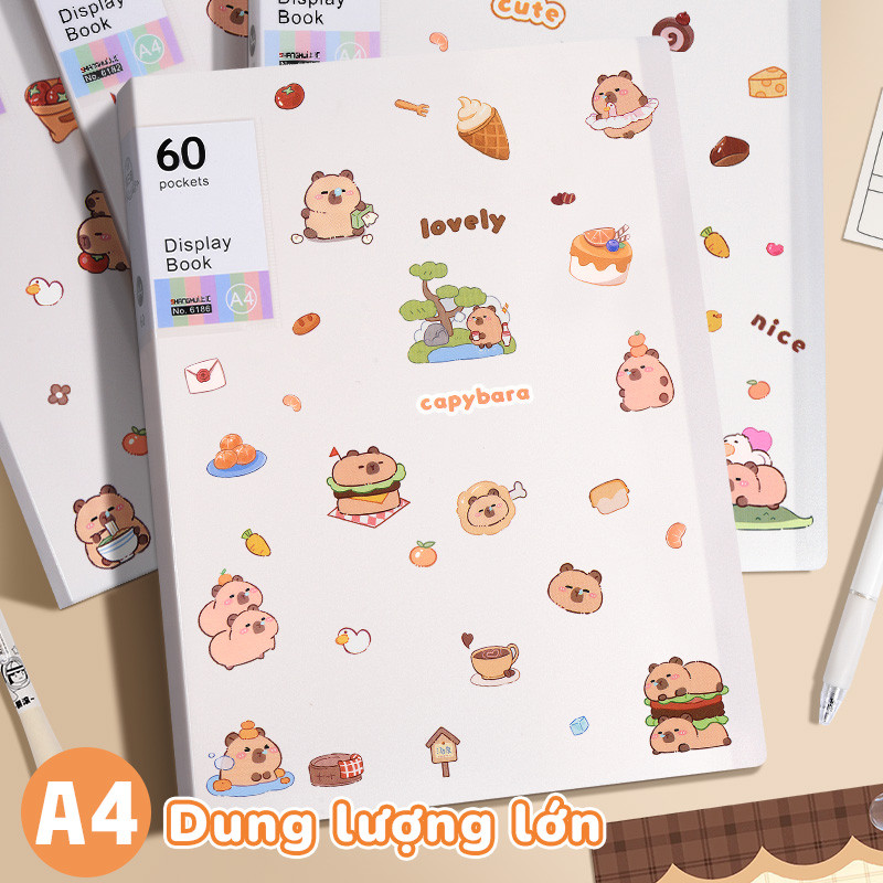File lá đựng tài liệu A4 trong suốt 30 lá – Tệp đựng hồ sơ đa năng cho học sinh & văn phòng, sticker Capybara
