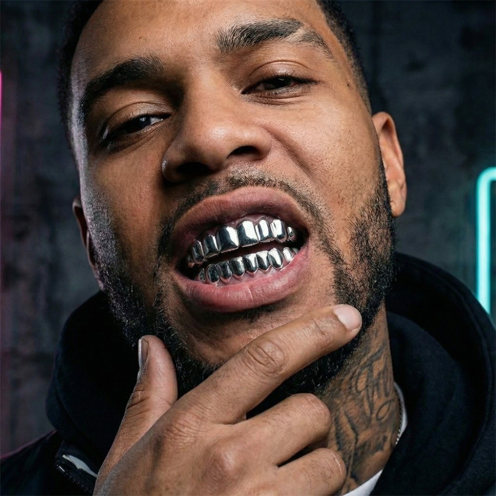 POYFOX Răng Grillz Top Đáy Bộ, Mũ Lưới Nướng Răng Chống Trơn Trượt Sáng Bóng, Hợp Thời Trang Đồng Bạc Vàng Răng Trang Sức Cosplay