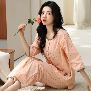 Mây Cotton Bộ Đồ Ngủ Nữ Ba Phần Tư Tay Áo Phù Hợp Với Quần Có Miếng Lót Ngực Cotton Nguyên Chất Loungewear Xuân Thu Phong Cách Mỏng