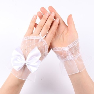 MIKYCO Găng Tay Ngắn Ren Lưới Cho Bé Gái, Phù Hợp Cosplay và Cô Dâu, Thêu Nơ Đen Handmade