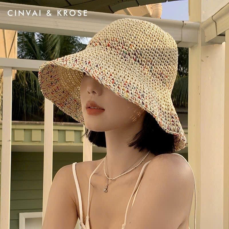 Mũ Cói Xinh Đi Biển Phong Cách Vintage Thêu Hoa Phối Ren Xinh Xắn