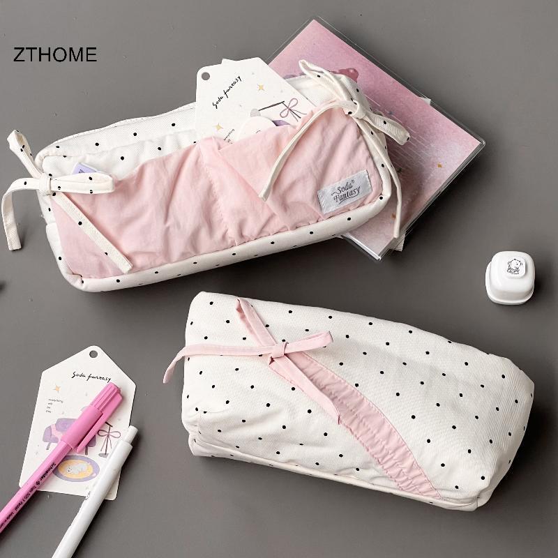 ZTHOME Dễ Thương Chấm Bi Nơ Hộp Đựng Bút Chì Màu Trắng Với Màu Hồng Phụ Kiện Dung Tích Lớn Dây Kéo Túi Đựng Bút Chì Học Sinh Văn Phòng Phẩm Đồ Dùng Học Tập HOT