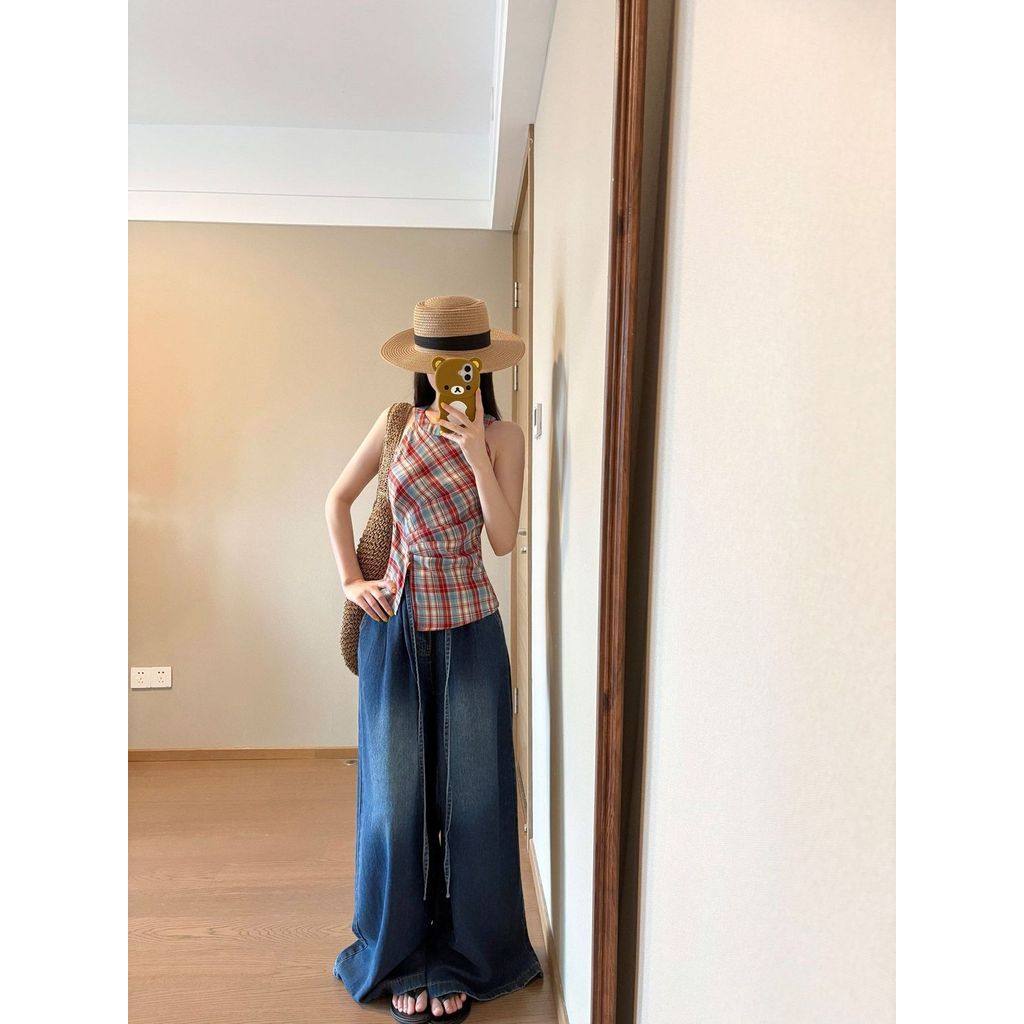 Milyfashion Ba Lê Phong Cách Mới Kẻ Sọc Đỏ Không Đều Dây Sling 2026 Phong Cách Mới Thắt Nút Dây Không Tay Top Y2K CIEM