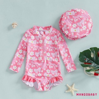 MG-Girls Rash Guard Đồ bơi Áo liền quần dài tay cổ chữ O In nơ Bộ đồ tắm đi biển Áo liền quần có mũ
