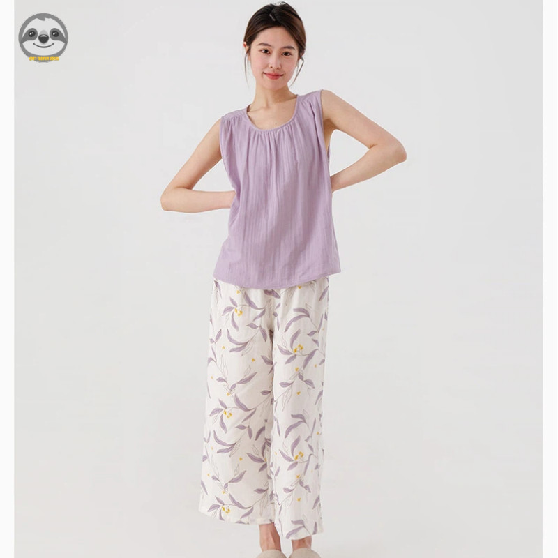 Bộ đồ ngủ không tay cổ tròn Cotton nguyên chất mùa hè dành cho nữ / Bộ đồ không tay cao cấp bằng sợi đôi / Mềm mại mát mẻ có thể mặc Quần dài đến mắt cá chân bên ngoài Bộ đồ ngủ