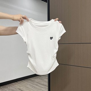 Áo Thun NữSlim-Fit Mùa Hè, Thêu Hình Trái Tim, Vai Ngắn