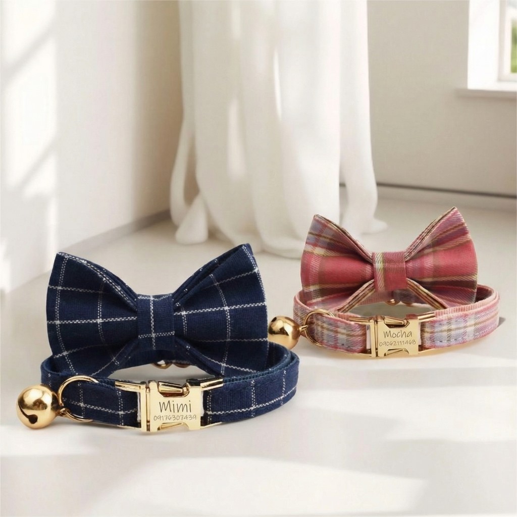 Vòng cổ mèo kẻ sọc & Bộ dây xích thắt nơ cổ chó nhỏ, Thẻ tên chó con được khắc tùy chỉnh, Chuông vàng miễn phí, Quà tặng thú cưng nam nữ