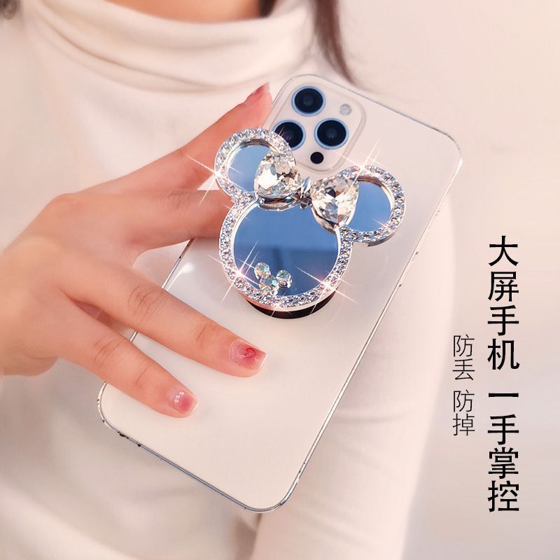 Gương trang điểm đính kim cương có thể xoay được Giá đỡ điện thoại Túi khí lười biếng có thể thu vào có thể gập lại Gương tình yêu sáng tạo