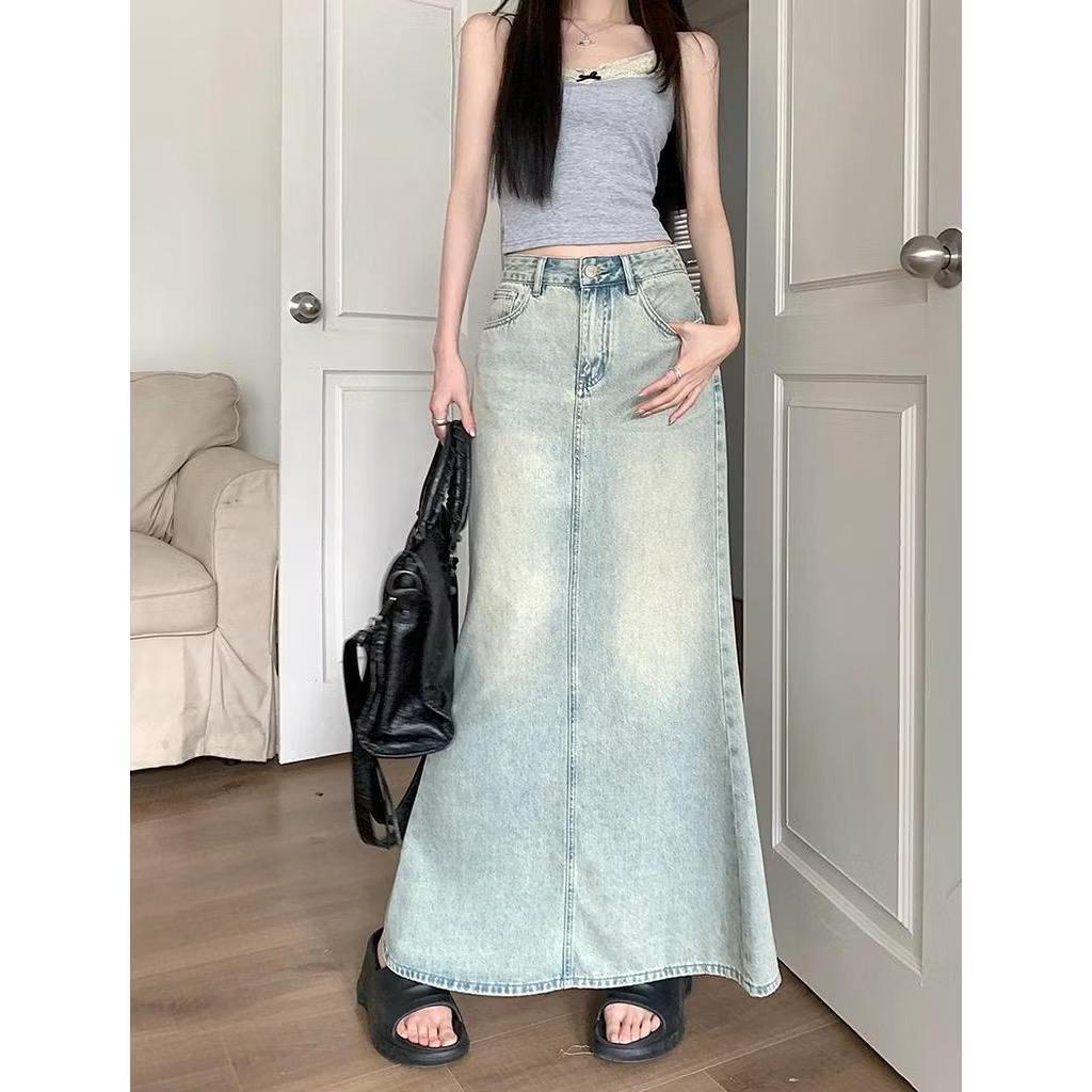 Chân Váy Jean Dáng Dài CHEZIHOUSE- BẢN ĐẸP Form Suông Đuôi Cá Xẻ Sau Dài 86cm-93cm #7915 4 màu siêu đep