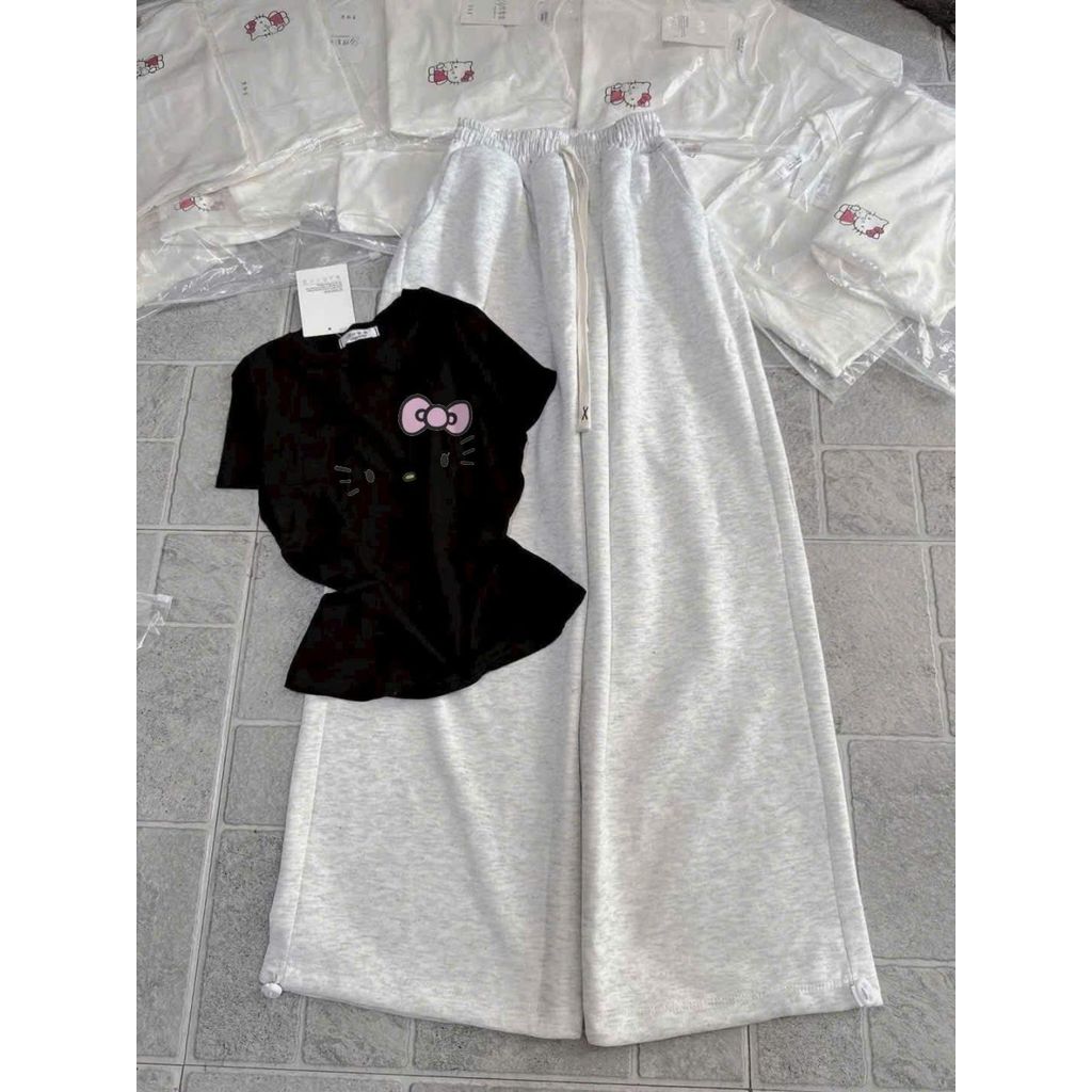 sét bộ quần dài da cá xám tiêu +mix áo thun Croptop chất tăm hình mèo đơn giản -thoitrangthubio