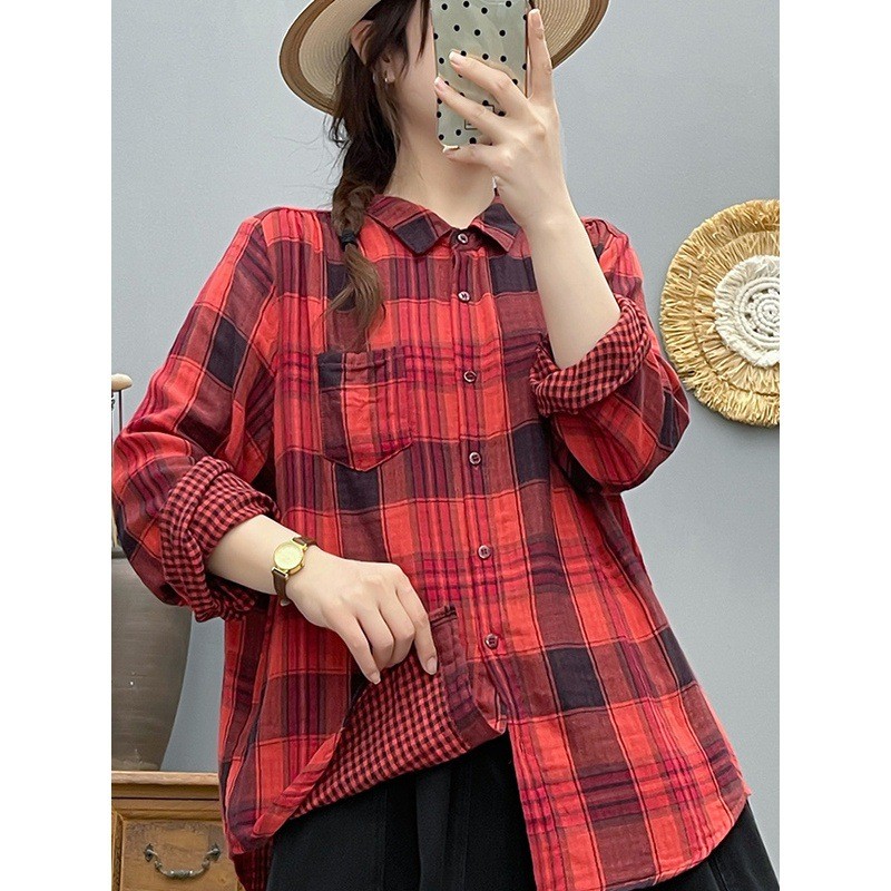 Áo sơ mi nữ chất liệu cotton cao cấp 100%, kẻ sọc dài tay rời, phù hợp thời trang xuân thu và phong cách retro