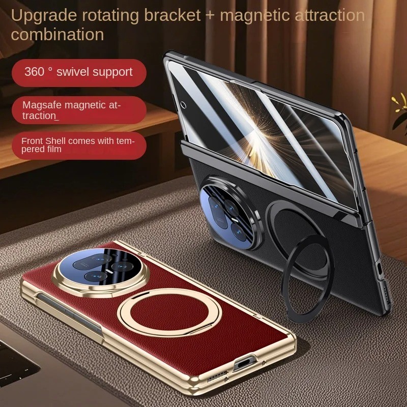 Dành Cho Huawei Honor Magic V5 Ốp điện thoại Da PU Sang Trọng Nhẫn Đứng Sạc Không Dây Từ Tính Bảo Vệ Mặt Sau Cho Magic V5 Vỏ