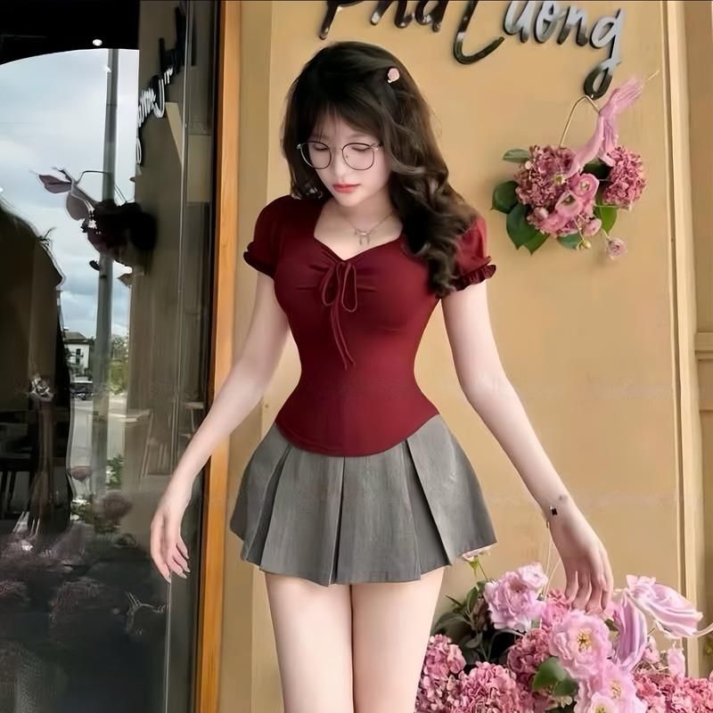 Áo Thun Nữ Tay Ngắn Chất Thun Tăm Mềm Mịn Co Giãn Dây Rút ESHOP Áo Kiểu Xinh Bigsize Cổ Tim MS549
