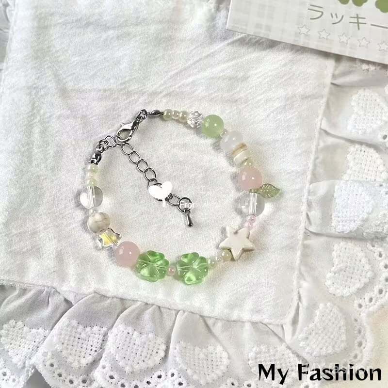 Vòng tay thủy tinh cỏ ba lá bốn lá - Có thể điều chỉnh size - Quà tặng đẹp cho bạn gái và bé gái