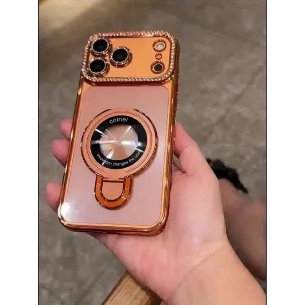Ốp Điện Thoại Kim Cương Giả Sang Trọng Cho iPhone 17 Pro Max 16 Plus 15 14 13 12 11 Không Khí Có Giá Đỡ Từ Tính Nhẫn Trong Suốt Ốp Lưng