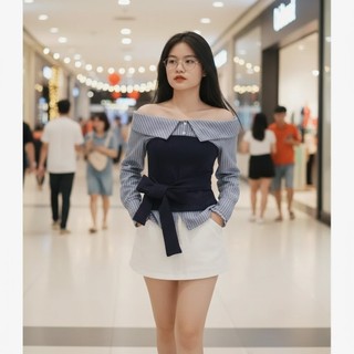 Áo Trễ Vai Thun Zip Phối Thô Kẻ Tiểu Thư Nơ Buộc Eo Tôn Dáng Thanh Lịch Mặc Đi Chơi Đi Cafe