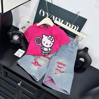 S339-[tomnaukids] Set áo thun Hồng phối quần jean suông rách cho bé gái size từ 8-38Kg